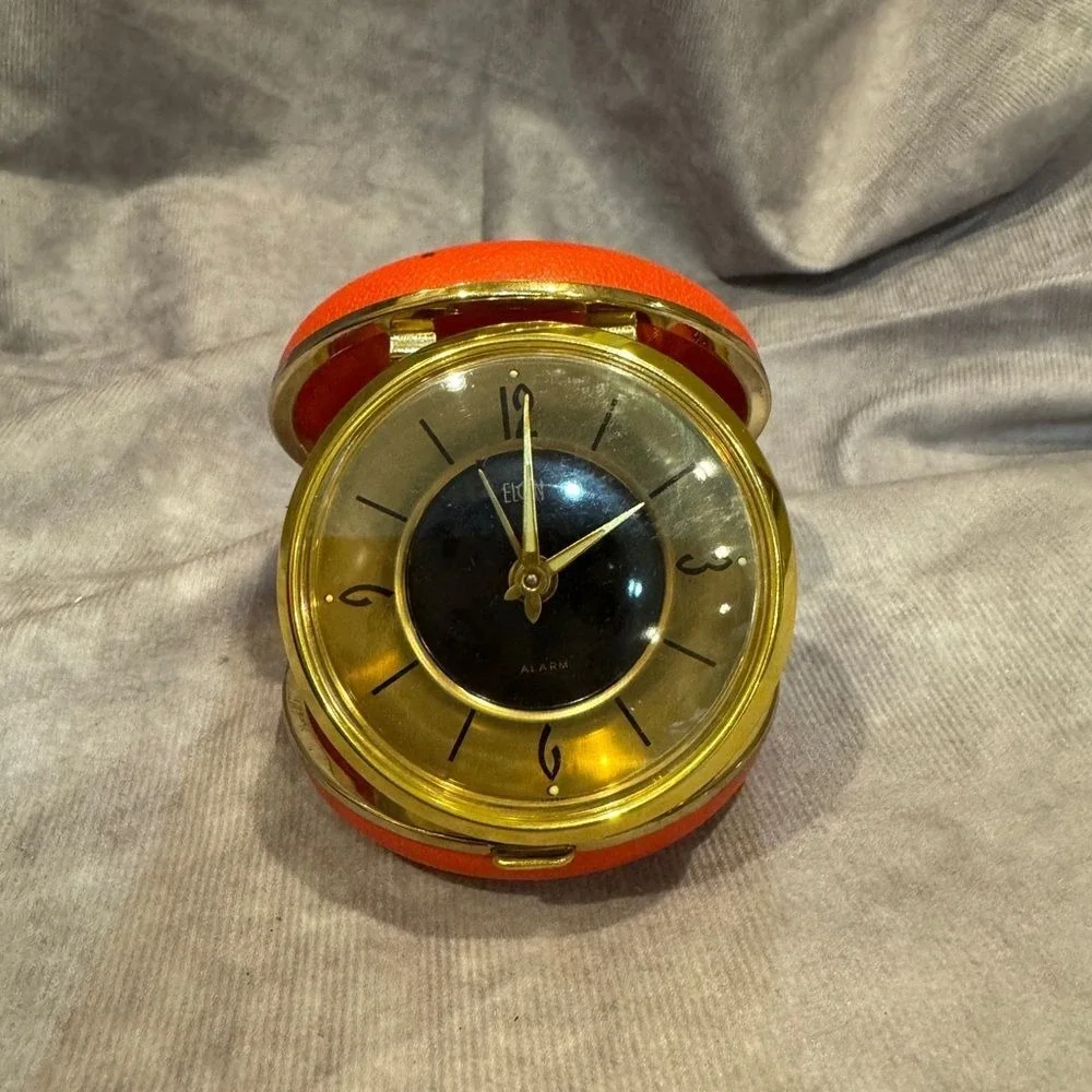 Elgin vintage travel alarm wind up‎ clock orange case